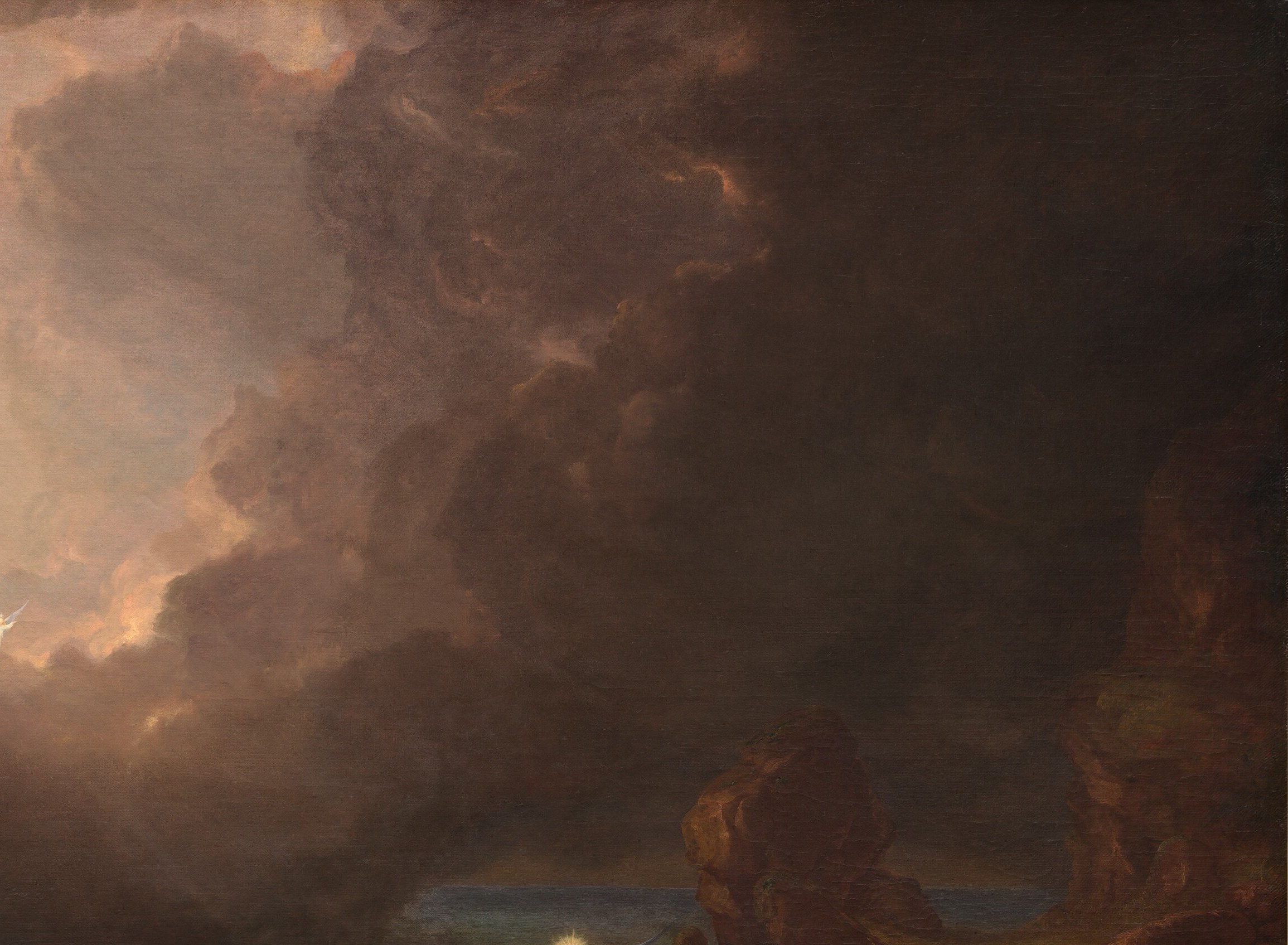 Cole's dramatic cloudscape creates a literal tempest pressing against the light , the visual mass of earthly turbulence makes the small pocket of divine radiance feel all the more hard-won.