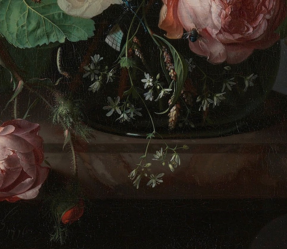 The vessel's dark reflective surface grounds the exuberant mass above it; any specular highlight here proves Ruysch's illusionistic control of hard materials.