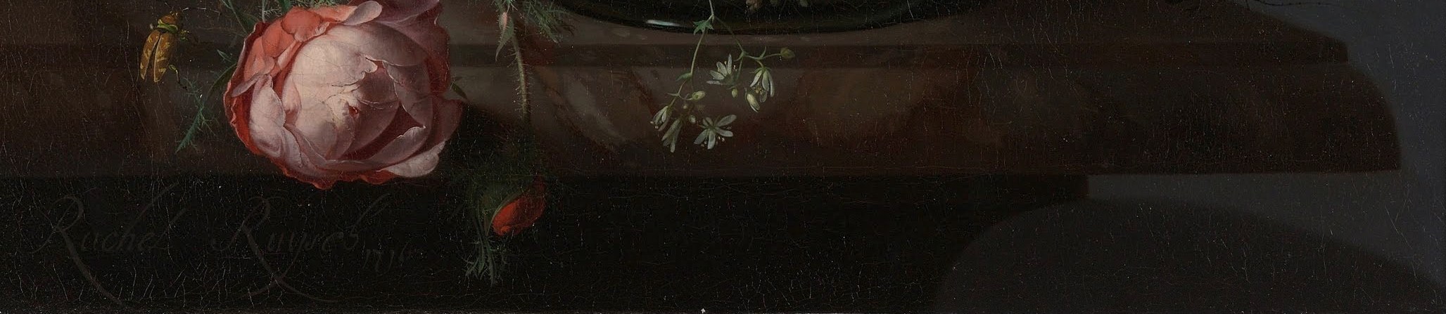 The cool, veined stone surface anchors the composition in the physical world and is a classic vanitas prop , beauty placed on an inert slab.