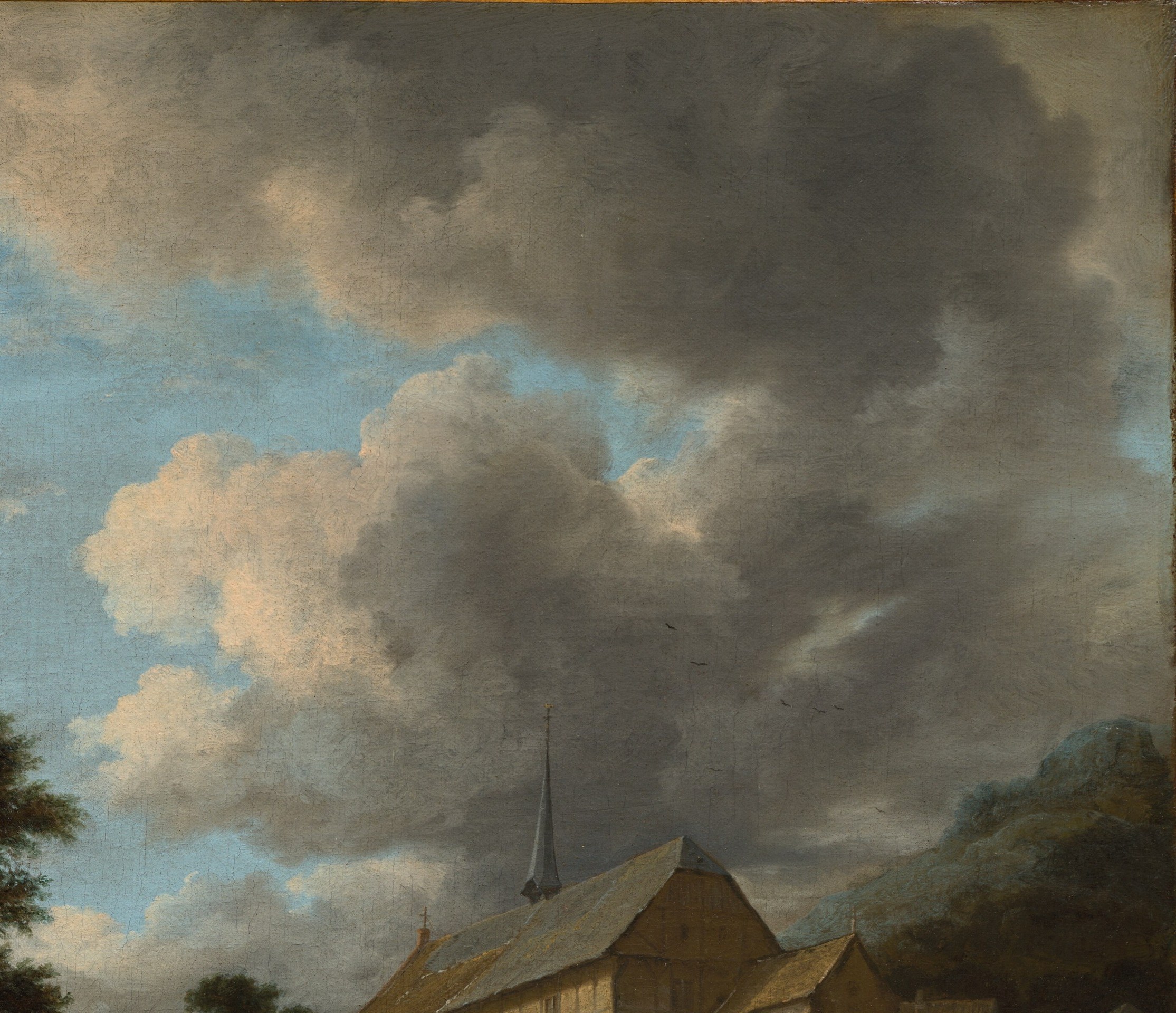 The cloud formation is lit brilliantly from within, creating a celestial drama that dwarfs the building below , Ruisdael's clouds are protagonists, not backdrop.