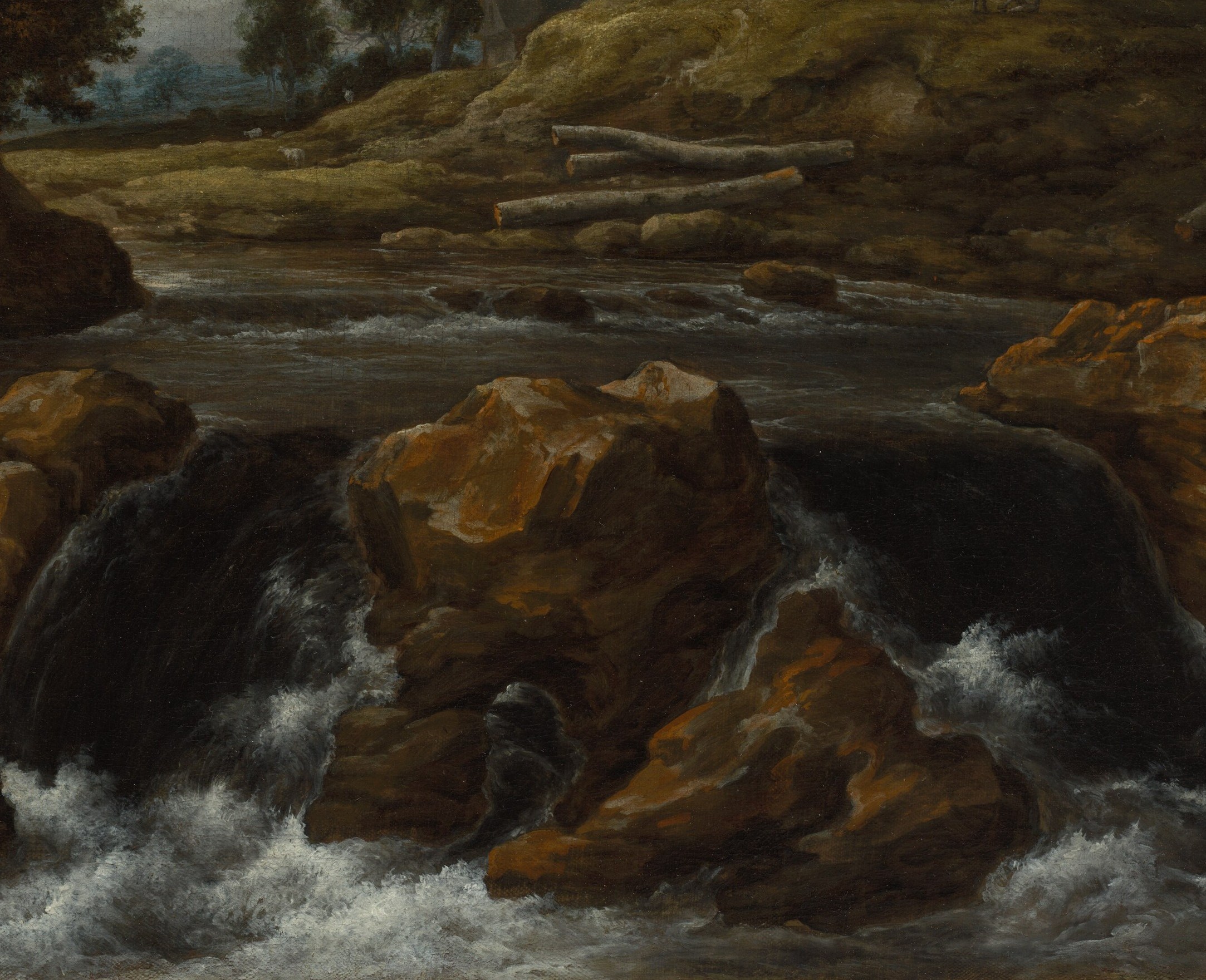 The primary virtuoso passage , Ruisdael's churning, foam-laced torrent rendered with broken whites and dark undertones shows water as a force, not a surface.