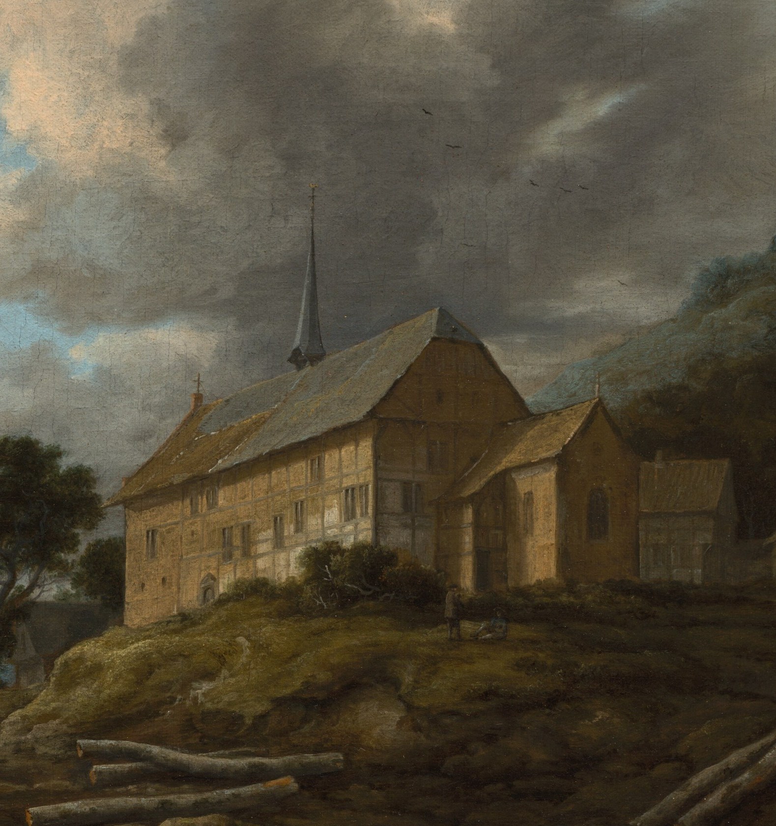 The solid human structure stands as an anchor of civilization against wild nature; its warm ochre-grey walls catch diffuse light that the surrounding trees and water do not.