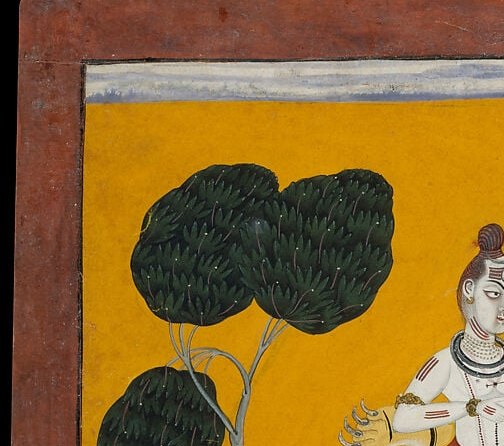 The silhouetted mango-like tree is a Basohli spatial signature; it frames the scene as a garden or Himalayan forest and establishes sacred natural space.