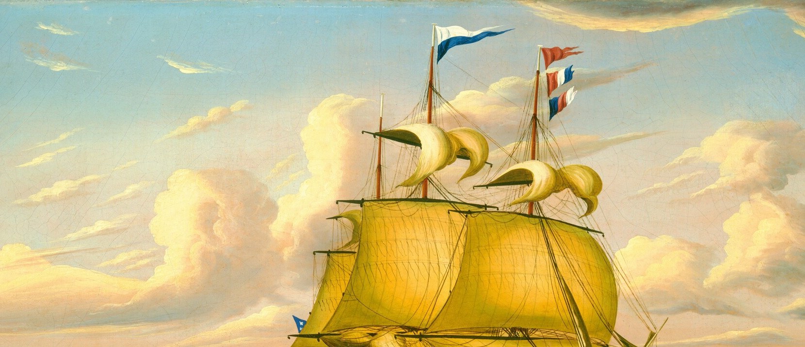 The exuberant cloud formations, rendered with bold impasto-like strokes, are a hallmark of Chambers's style , decorative yet atmospheric, framing the ship heroically.