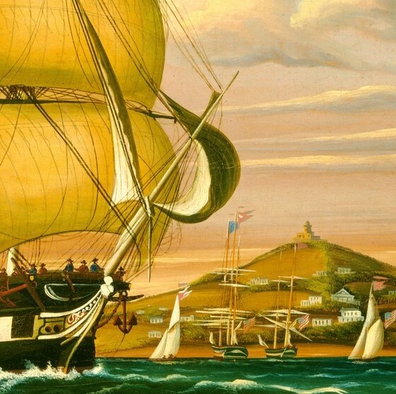 The circular masonry fort on Governors Island is the painting's geographic anchor , its presence dates the scene precisely to mid-19th century New York Harbor defense.