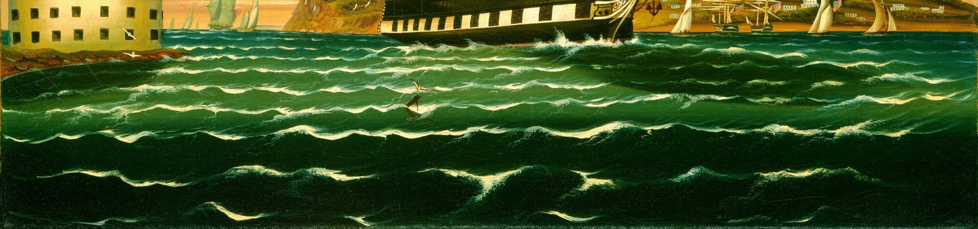 The water is painted with a repeated, almost patterned rhythm of dark green troughs and white foam , a folk-art technique that gives the sea an energetic, decorative character.
