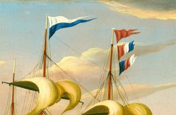 Tiny flag detail identifies the vessel's nationality and port of registry; the fluttering pennant tells wind direction and adds animation to the top of the composition.