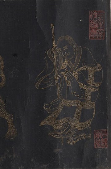 Classic Chinese landscape framing device; the stylized pine needles rendered in fine gold lines demonstrate the scroll's highest density of linear brushwork and anchor the scene in a recognizable wilderness.