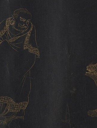 A companion animal echoing the central lion's posture; the paired placement suggests procession or confrontation, a narrative spine running left to right as the scroll unrolls.