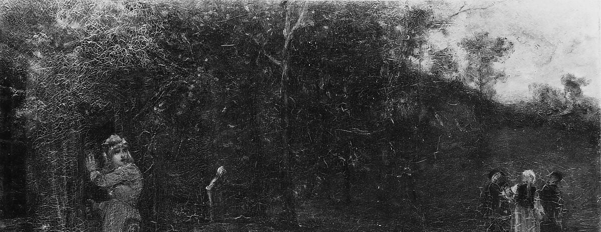 The impenetrable hedge of foliage closes the world in, suggesting a rural enclosure from which there is no exit , classic Fuller Tonalist claustrophobia