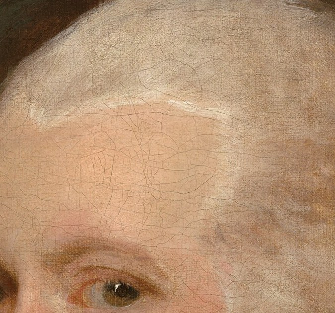 A tiny white dot in each eye, Gilbert Stuart's signature trick for making a face feel alive.