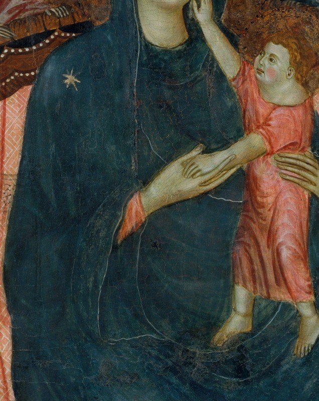 The child's frontal, adult-like posture follows Byzantine convention depicting Christ as the ageless Logos rather than a human infant , a theological statement embedded in anatomy.