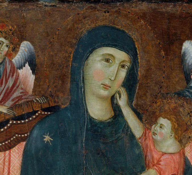 The stylized Byzantine features , flat planes, downcast yet present gaze , sit at the transition point between icon tradition and emerging Gothic naturalism; close inspection reveals the painter's struggle to model three-dimensional flesh.