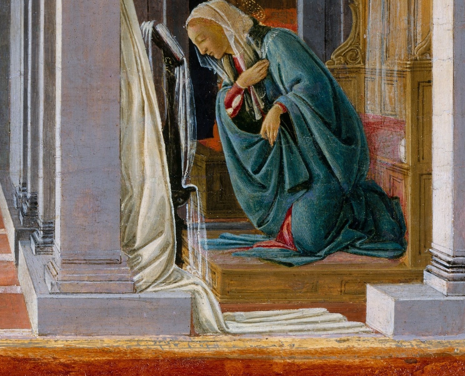 Beneath it, a flash of red. In Marian code, that is the Passion foreseen.