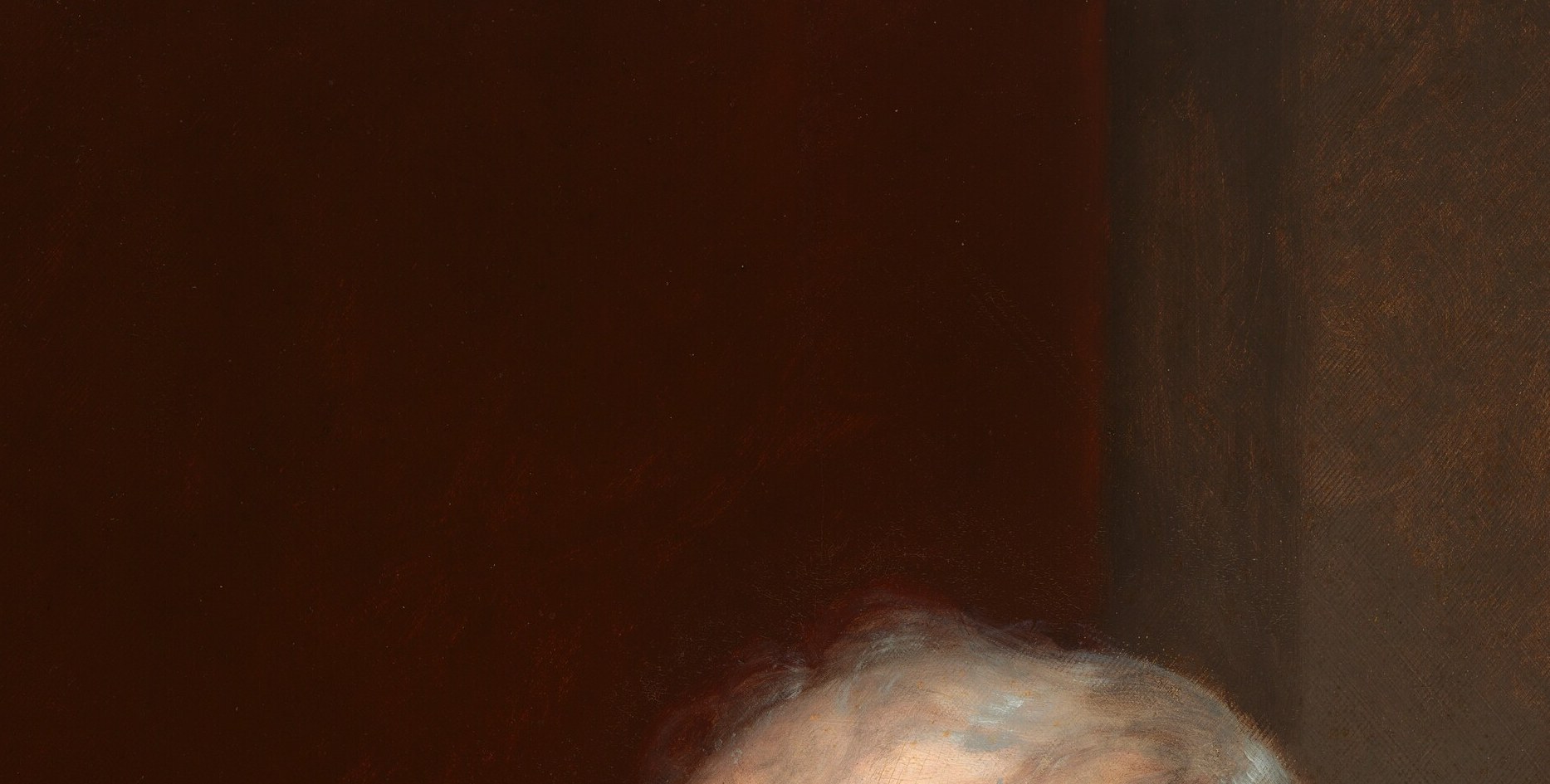 The silver-white hair signals late Federalist-era fashion and frames the face with a soft luminosity that contrasts the dark coat.