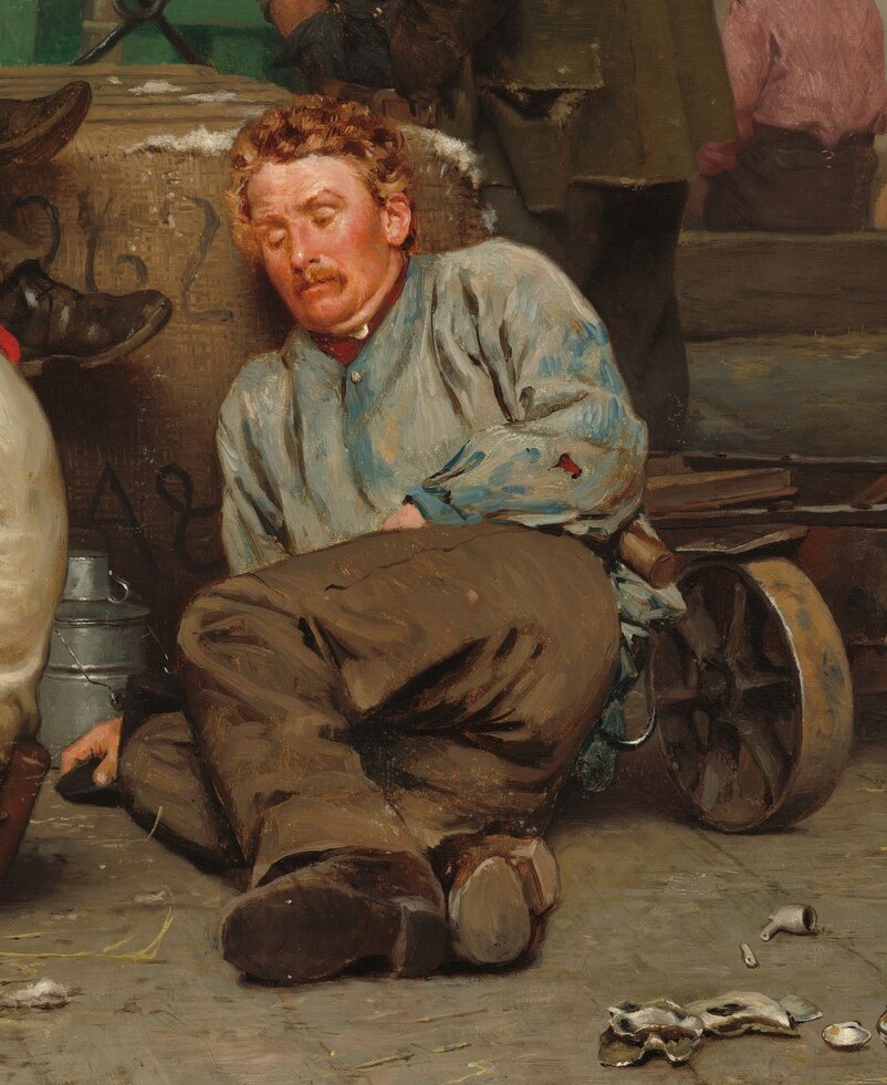 See how exhausted this man is, slumped in sleep.