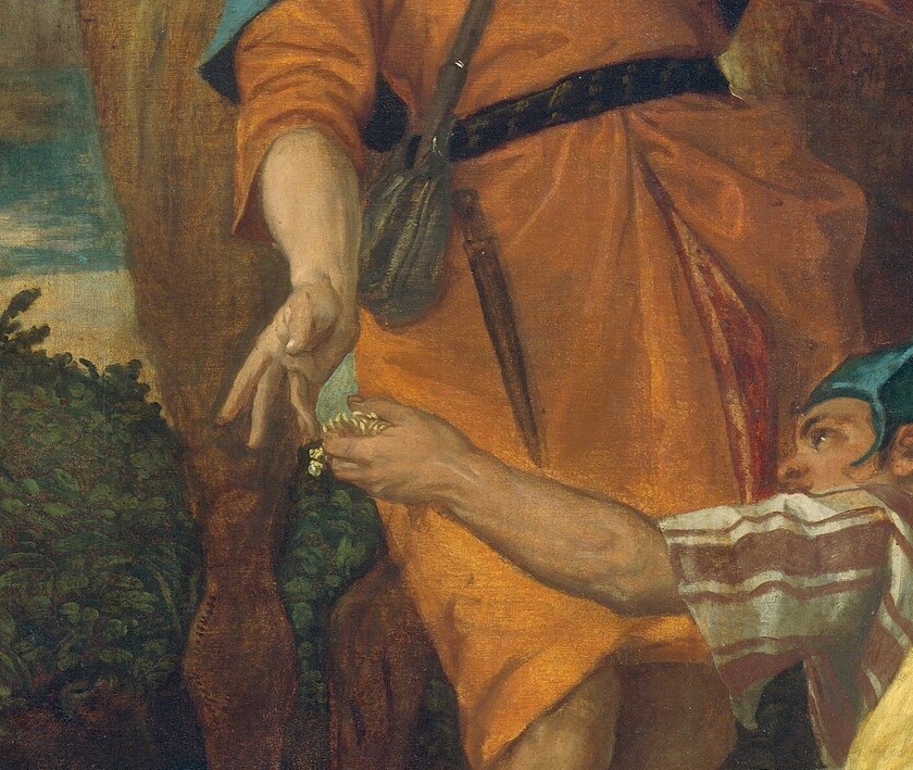 An older man in a vibrant orange robe leans on his staff, conveying authority.
