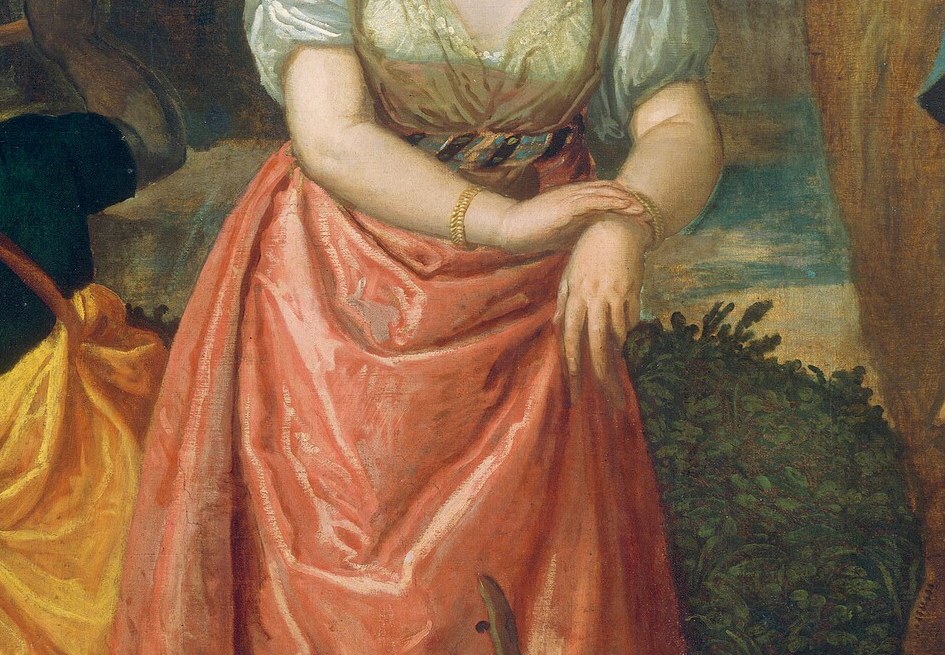 Rebecca's pink dress stands out, drawing the eye to her modest pose.