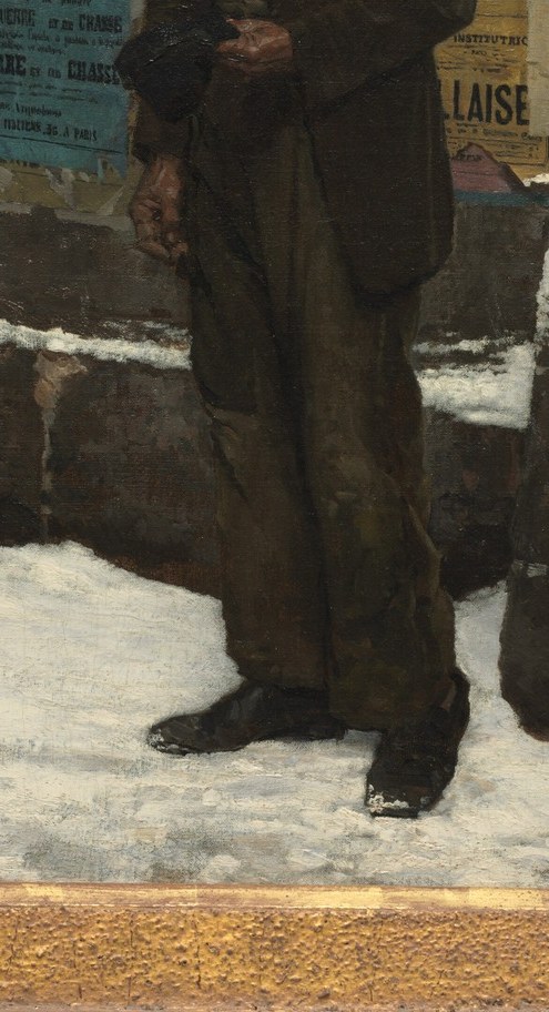 The thick fabric and dark color suggest the harshness of winter and the veteran's likely modest means.