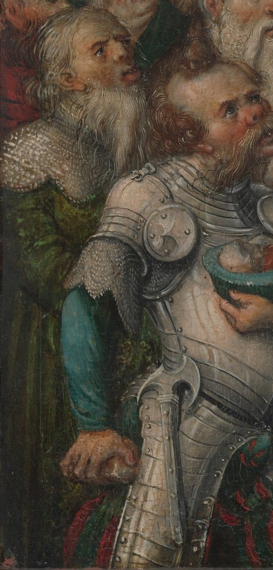 Full Cranach-era German armor rendered in detail , a rare opportunity to close in on 16th-century military dress within a religious scene.