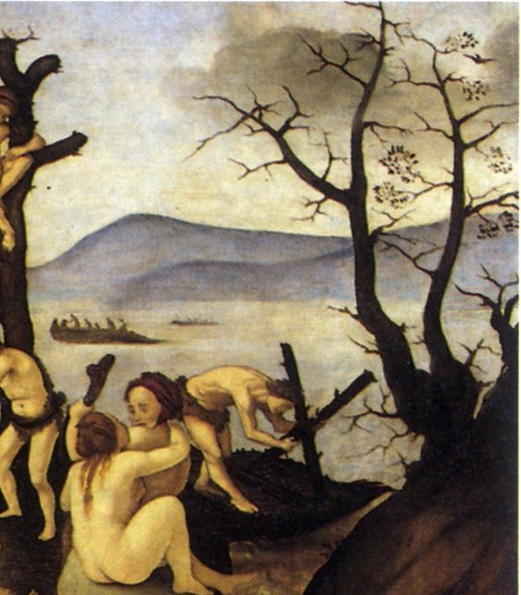Piero's signature motif across multiple paintings , leafless trees signal a world before cultivation, reinforcing the primordial-earth theme drawn from Lucretius.