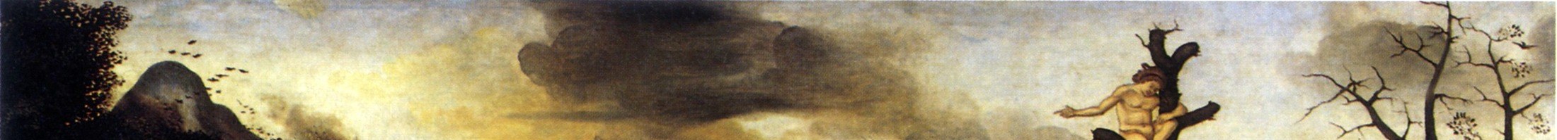 The suffused primordial warmth bathes the entire scene; Piero's atmospheric sky is tonally unlike anything else in early-Renaissance Florentine painting and sets the mythic register.