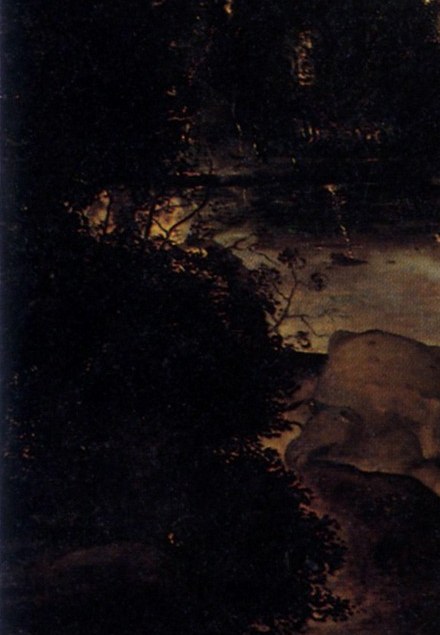 Isolated anchor at the painting's extreme left; his solitary stride sets the procession in motion and frames the leftward sweep of the whole composition.