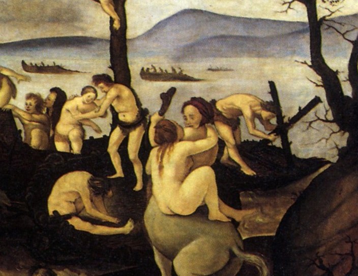 The painting's most charged moment , a literal crossing of the human/animal boundary, ambiguous between willing alliance and abduction, central to the Lucretian argument.