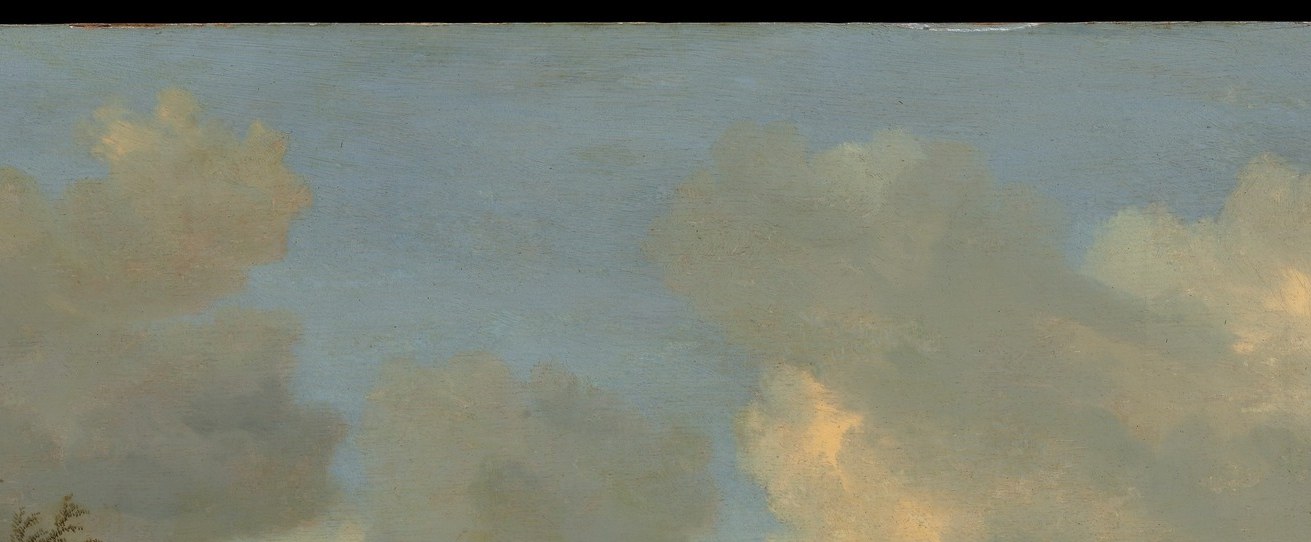 Van Ruysdael allocates more than a third of the canvas to sky , the clouds are the atmospheric engine driving the mood from golden calm to approaching dusk