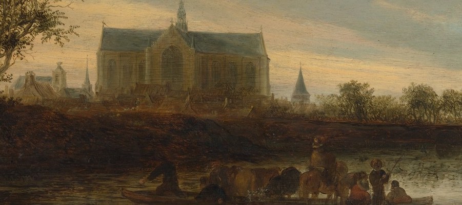 The human drama of the scene: livestock and passengers crossing together encode the daily commerce of a 17th-century Dutch market town