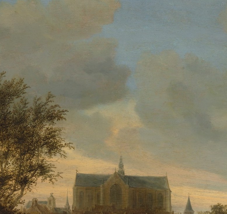 The civic anchor of the composition , its pale stone mass catches fading light against the dark tree mass, making it the visual and narrative heart of Alkmaar's identity