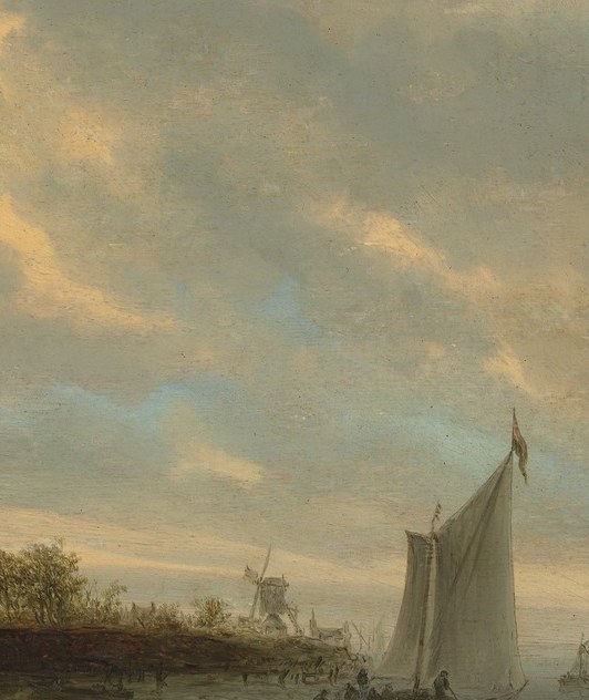 Provides compositional counterweight; its sail catches the same cool evening light as the church facade, unifying the palette across the canvas