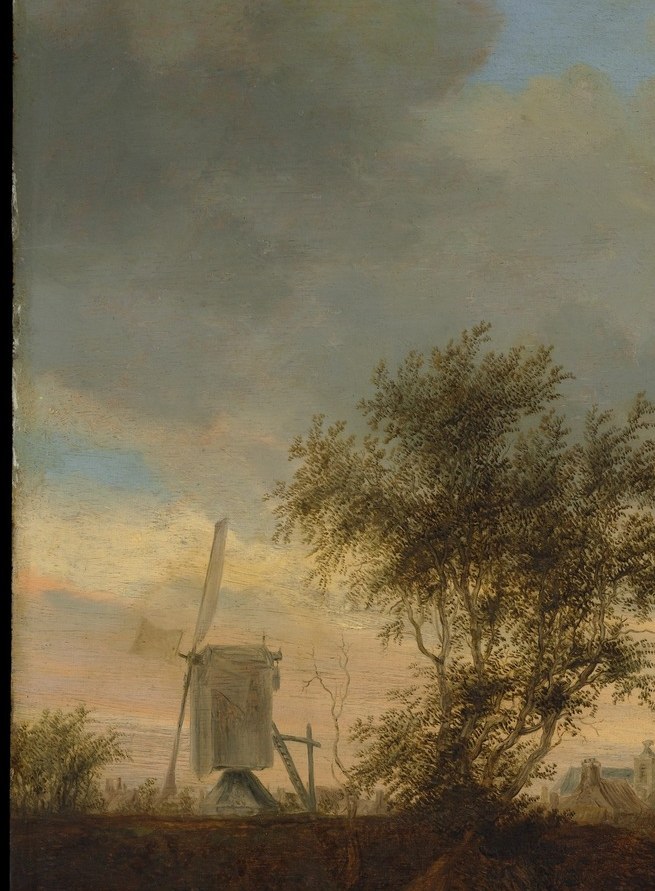 Van Ruysdael's signature repoussoir device , the massed black-green foliage pushes the eye into depth and gives the sky its luminosity by contrast