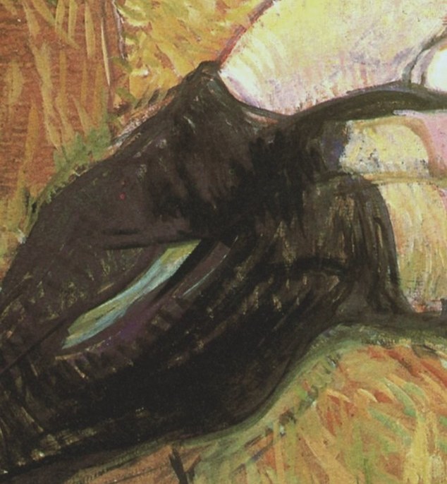 The dark stockings confirm the interior. A professional garment, not a pastoral one.