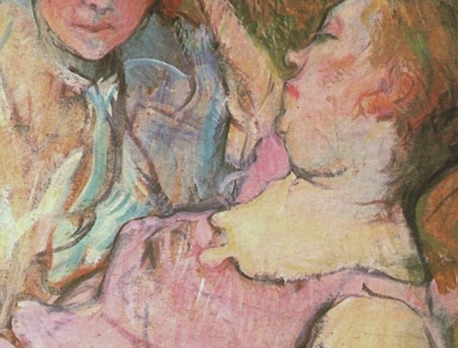 The reclining figure has gone entirely weightless, surrendering every muscle to the sofa beneath her.