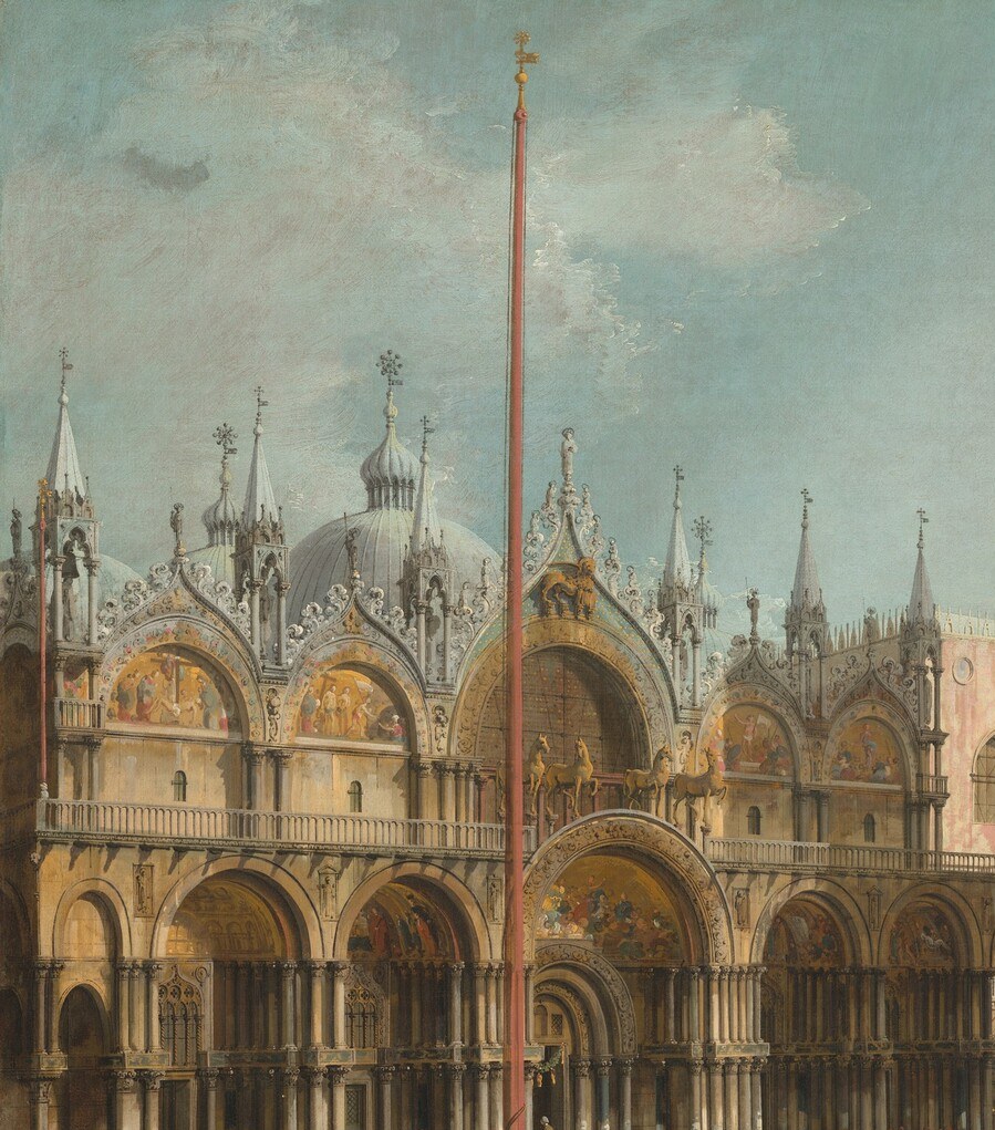 The gilded Byzantine-Gothic screen with polychrome marble inlays and five arched doorways; the most ornate surface in the painting and the visual anchor of the composition