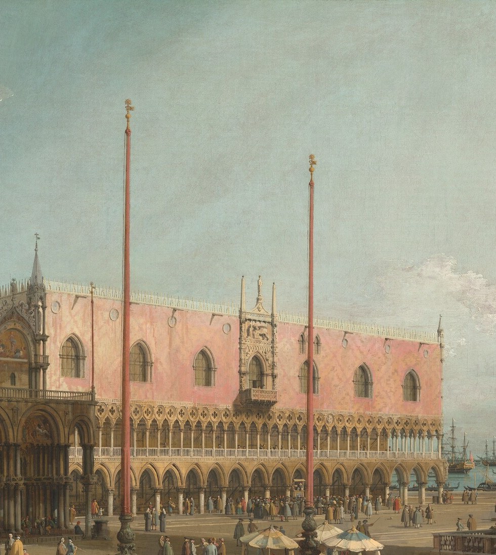 The distinctive pink-and-ivory geometric stonework signals the seat of Venetian political power; the Gothic tracery loggia above the arcade is painted with enough fidelity to identify individual columns