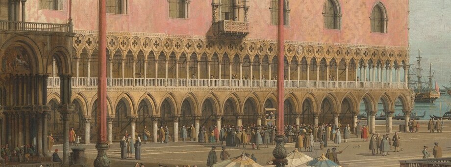 The 36-column ground-floor colonnade with pointed arches; Canaletto's uncanny geometric precision here is the strongest evidence for his use of a camera obscura , each archway interval is measurably correct