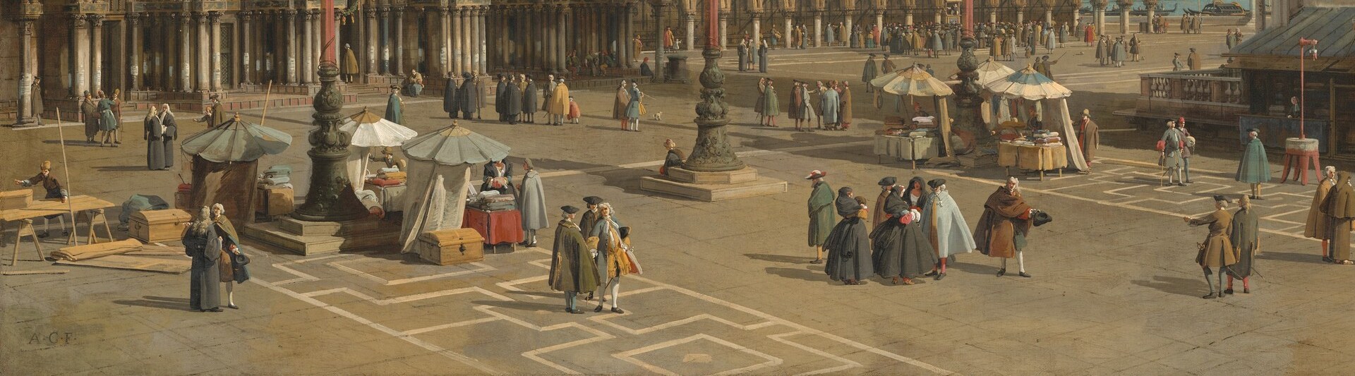 Merchants, nobles in tricorn hats, and laborers animate the piazza; despite their small scale Canaletto differentiates status through posture and costume cut, encoding the social hierarchy of the Serenissima