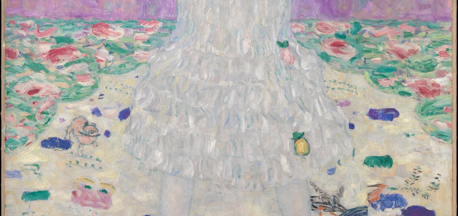 She stands solemn and poised, amid a field of stylized flowers.