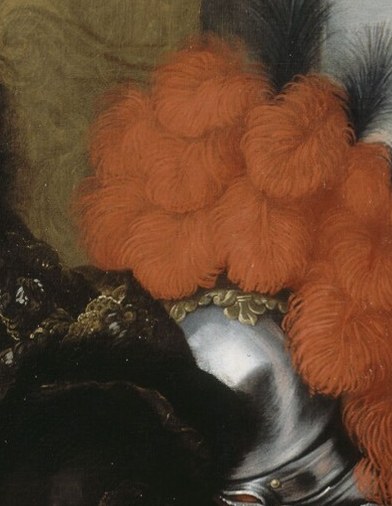 The red-plumed helmet signifies his military might.