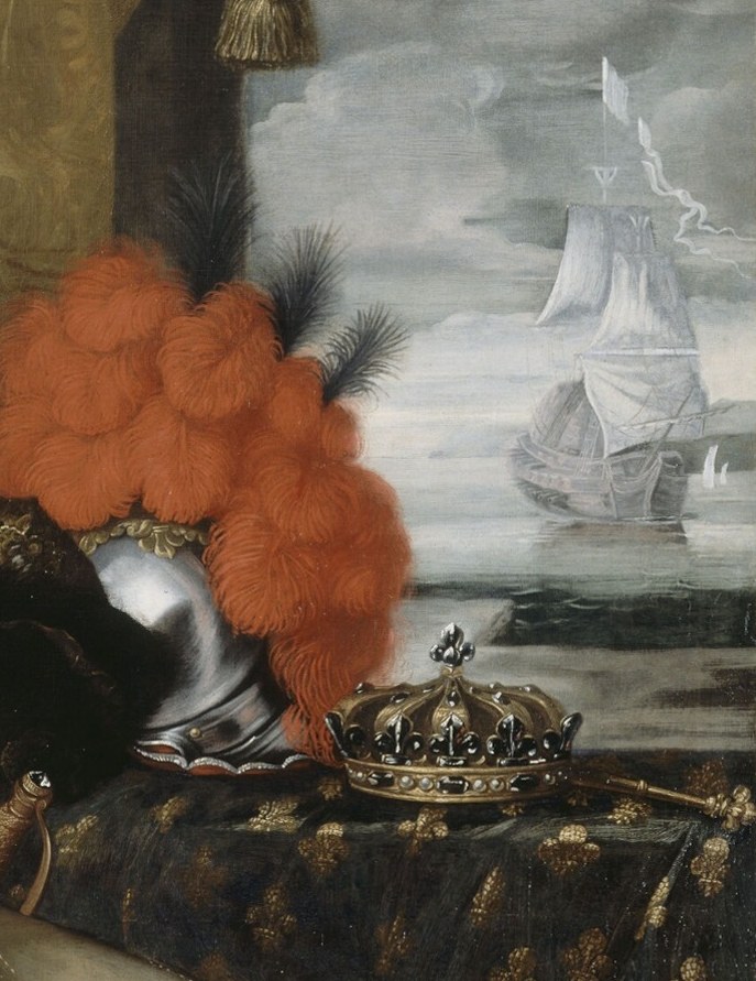 The stormy seascape behind him shows the vastness of his reign.