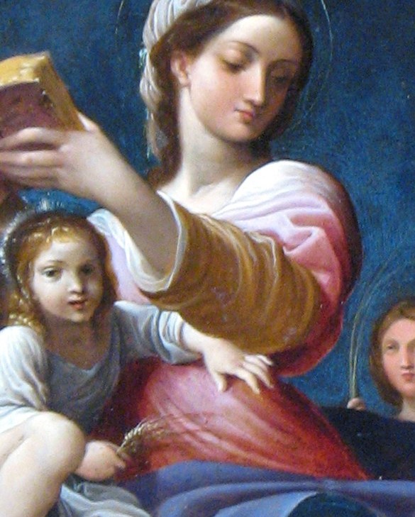 The infant's outstretched arm bridges Mary and the text, symbolising the Word made flesh engaging with Scripture.