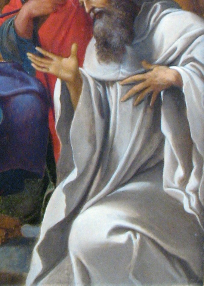 His intense upward gaze and clasped hands show devout veneration; the dramatic light picking him out of deep shadow is a chiaroscuro showpiece.