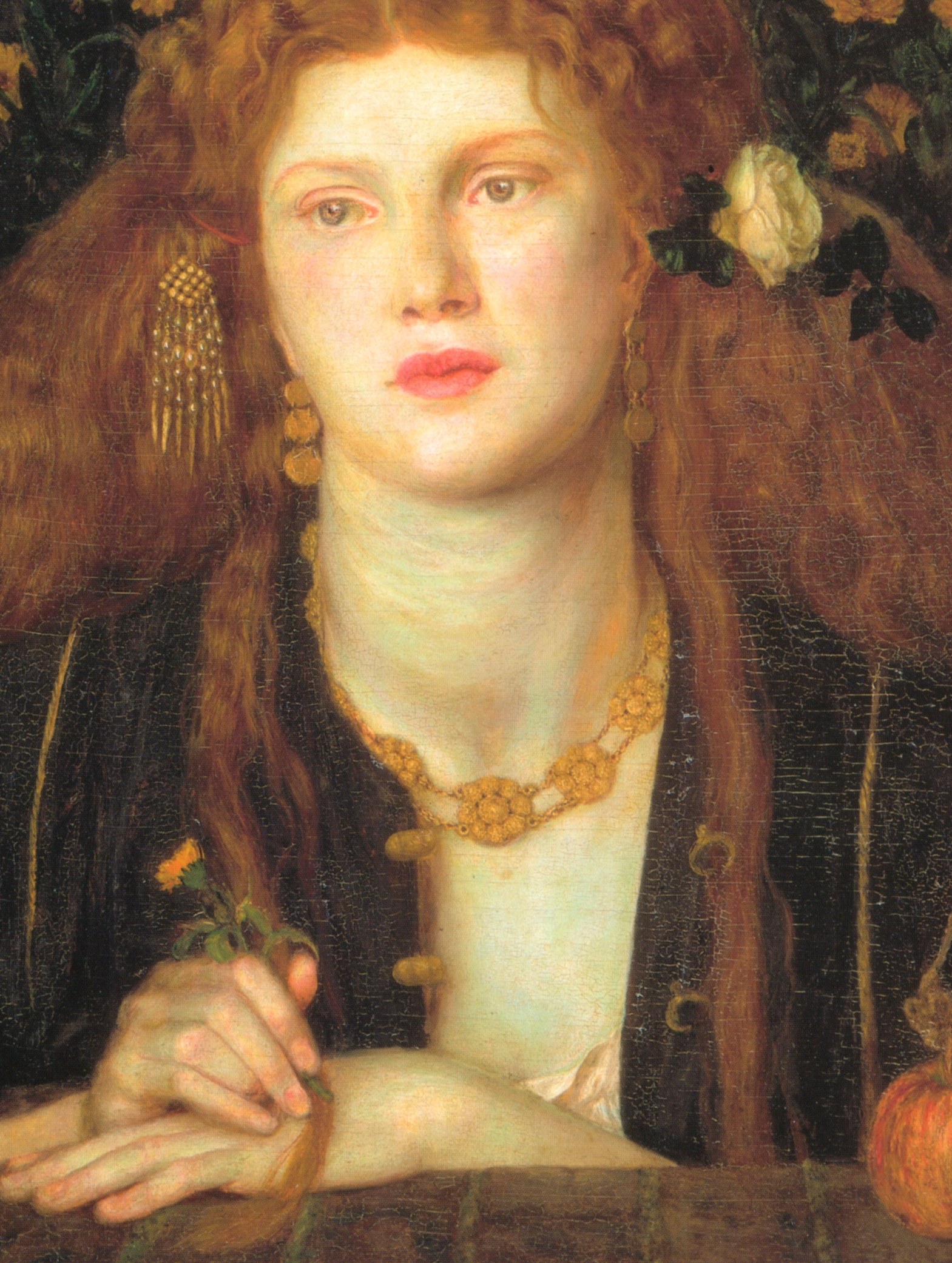 And the vivid strands of her red hair.
