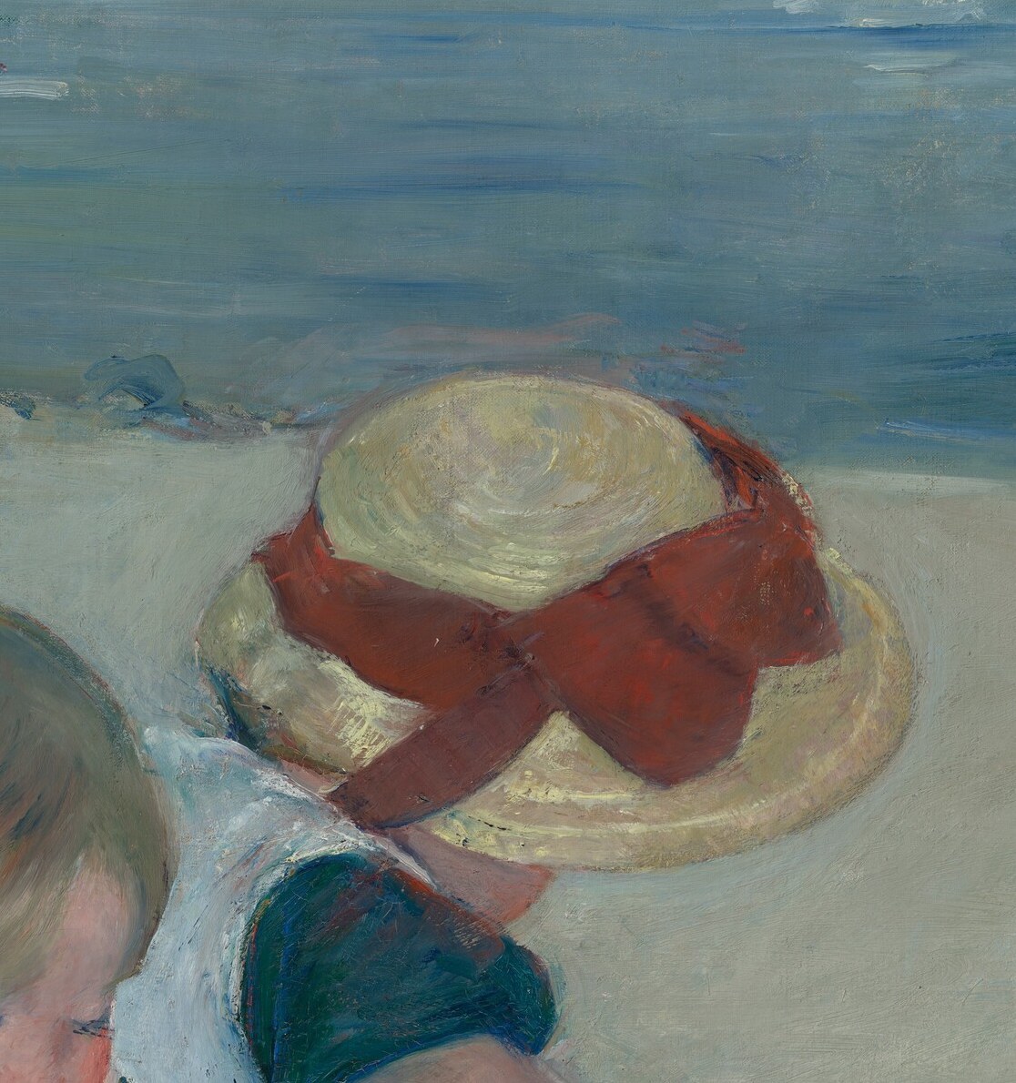 The oversized red bow is the painting's single strongest color accent , a deliberate compositional anchor that pulls the eye and signals a doting adult has dressed this child for a seaside outing.