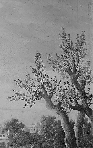 Their skeletal silhouettes contrast with the full-canopied trees at left , possibly autumnal, adding seasonal melancholy at the picture's edge.