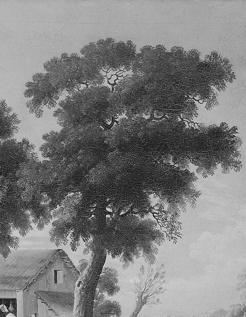 The compositional anchor; Pillement's feathery brushwork in the foliage mass demonstrates his signature Rococo lightness even within a sober palette.