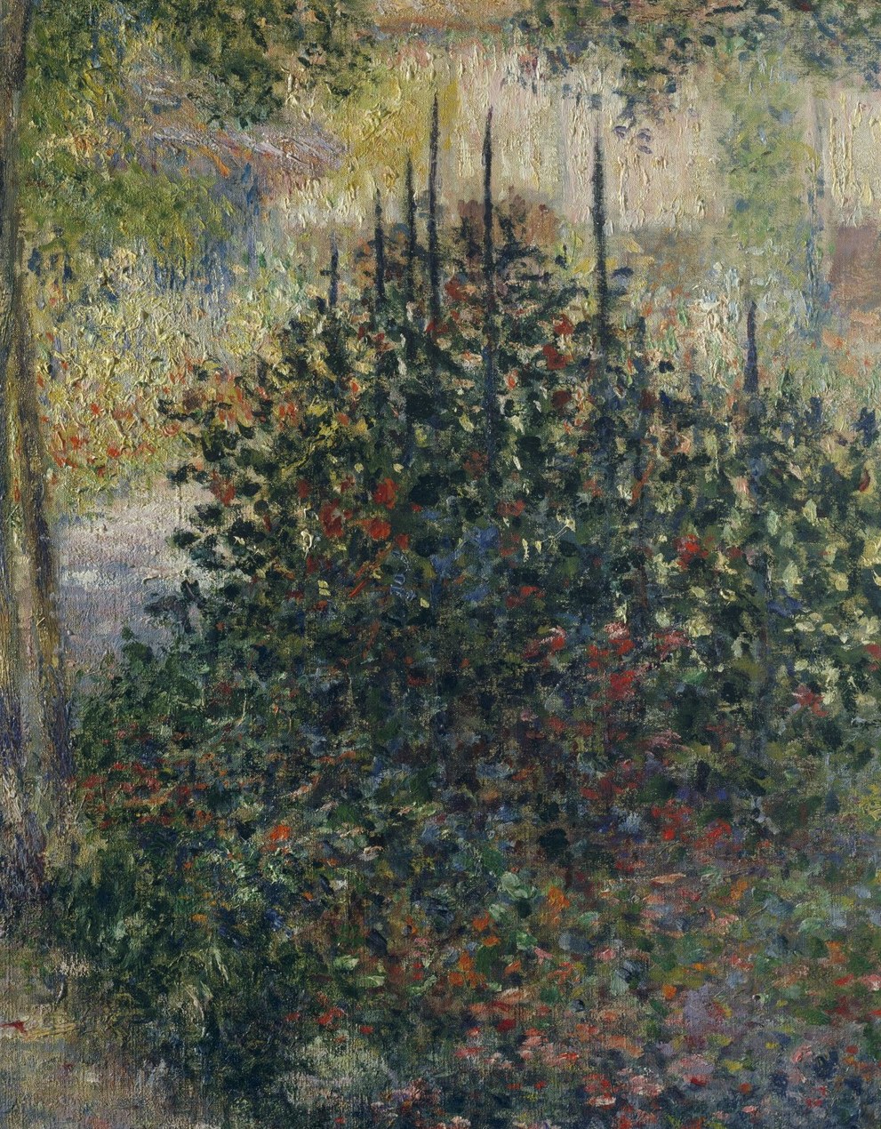 The compositional mass around which everything else orbits; its near-black density against the lighter garden creates the painting's central tension between darkness and light.