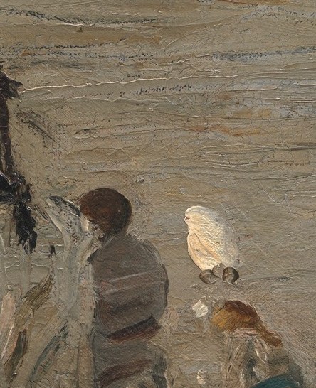 Her prominent white dress draws the eye and contrasts with the muted background, suggesting importance.
